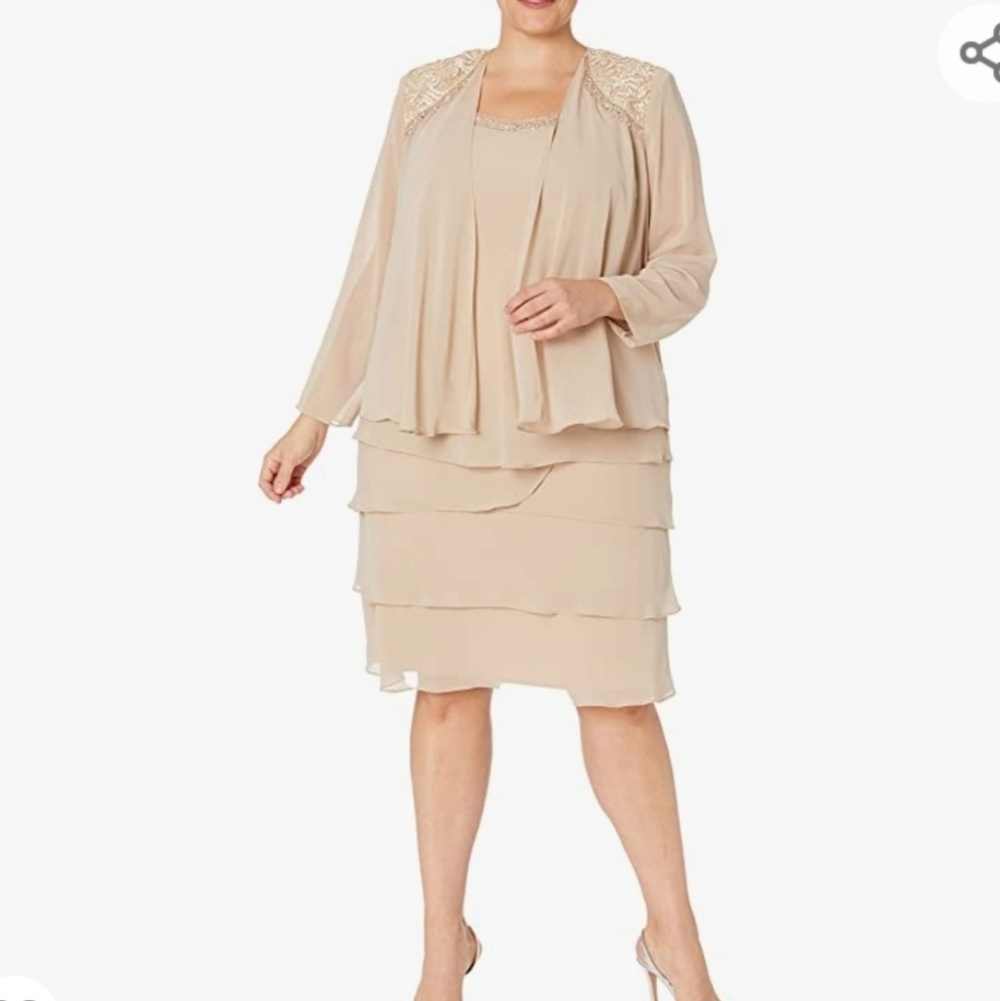S.L. Fashions Plus Size Embellished Tiered Jacket Dress in Winter Ivory Size 14